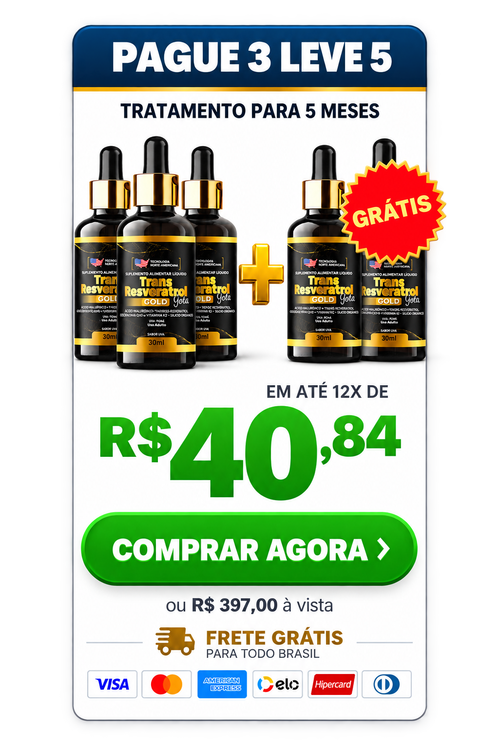 Kit pague 3 leve 5, com preço, condições de pagamento e botão Comprar agora na própria imagem